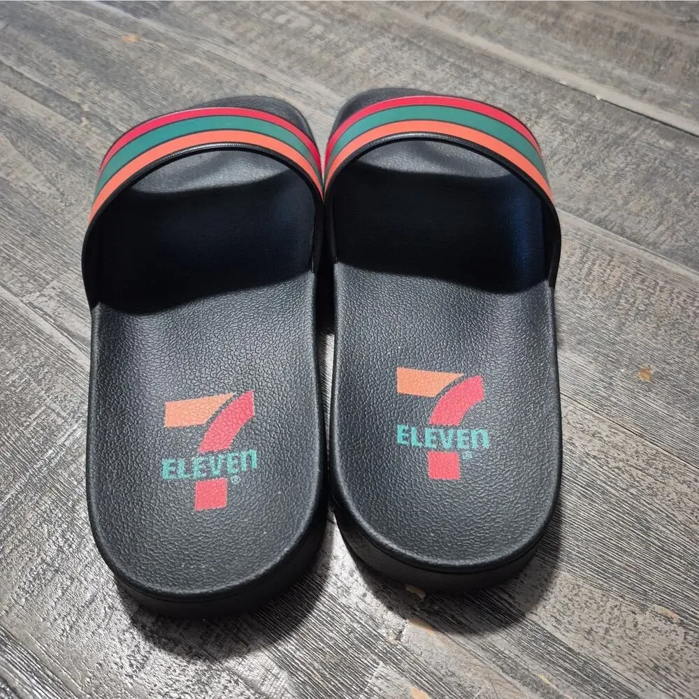 7-11 Shoes Slides Size 36 Womens 6 Mens 4 Sandals Black Red Green Orange 7Eleven